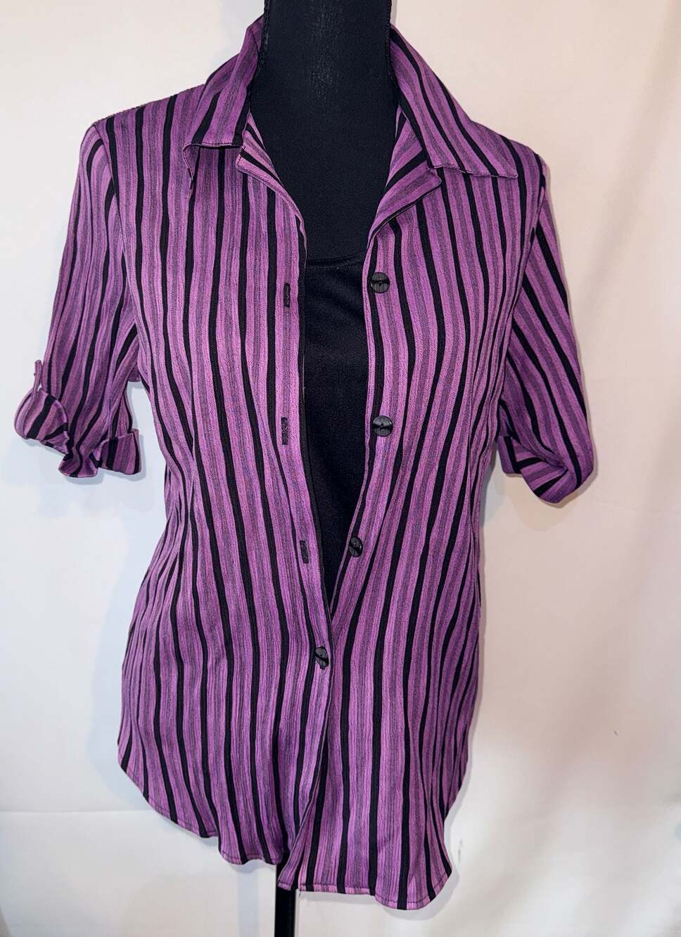 Dressbarn Purple and Black Striped Button-Down Shirt